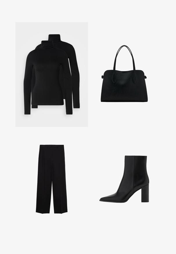 Maglioni a collo alto neri a manica lunga realizzati in tessuto morbido ed elastico. Presentano maniche aderenti e un classico colletto alto. Inclusi due pezzi.; Pantaloni neri a gamba larga in tessuto morbido, con pieghe nella parte frontale e tasche laterali, progettati con una linea dritta e comoda.; Stivale alla caviglia in pelle nera con punta affilata, tacco quadrato, texture liscia e dettagli di cucitura lungo le cuciture. I tacchi misurano circa 3,5 pollici.; Borsa a mano in pelle nera con doppio manico, forma rettangolare e design minimalista su sfondo bianco.