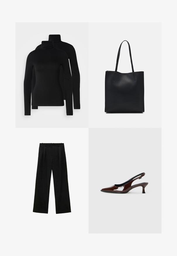 Maglioni a collo alto neri a manica lunga realizzati in tessuto morbido ed elastico. Presentano maniche aderenti e un classico colletto alto. Inclusi due pezzi.; Pantaloni neri a gamba larga con pieghe, caratterizzati da una texture liscia e un design a vita alta. Stile minimalista, senza hardware o decorazioni visibili.; Scarpa slingback in pelle verniciata marrone con punta affusolata e tacco moderato. Presenta una fascia con fibbia per una calzata sicura. Tessuto liscio.; Borsa tote in pelle nera con texture liscia, forma rettangolare e due manici lunghi. Nessun hardware o decorazione visibile.
