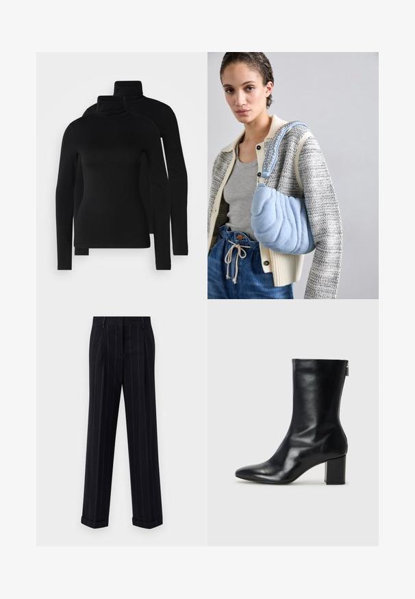 Tricouri negre cu mânecă lungă și guler înalt, confecționate dintr-o țesătură netedă și elastică. Au mâneci ajustate și un guler clasic înalt. Include două piese.; Pantaloni negri cu dungi, cu o croială adaptată, având o tivă cu manșetă și pliuri frontale. Construiți dintr-un material neted cu un design structurat.; Botină din piele neagră, cu vârf ascuțit și toc bloc de 4 cm. Design elegant, cu un fermoar lateral pentru o îmbrăcare ușoară. Textură netedă.; Geantă pufoasă de culoare albastră deschisă cu textură ondulată, având o curea împletită cu accente în formă de stea, asociată cu un cardigan gri și blugi.