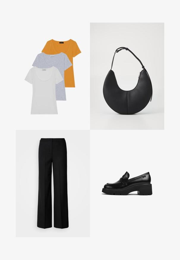 Tre kortärmade t-shirts i orange, ljusgrått och vitt, tillverkade av mjuk bomull med rundad halsringning och figurnära passform.; Svarta vida byxor med ett mjukt tyg, med hög midja, skräddarsydda sömmar och en minimalistisk design. Inga synliga detaljer eller fickor.; Svart läder loafers med chunky klack och tjock sula, med en remdetalj över toppen, visad från sidan mot en vit bakgrund.; Svart läderhandväska i halvmåneform med en slät yta, ett justerbart axelband och ett dragkedjestängning på sidan.