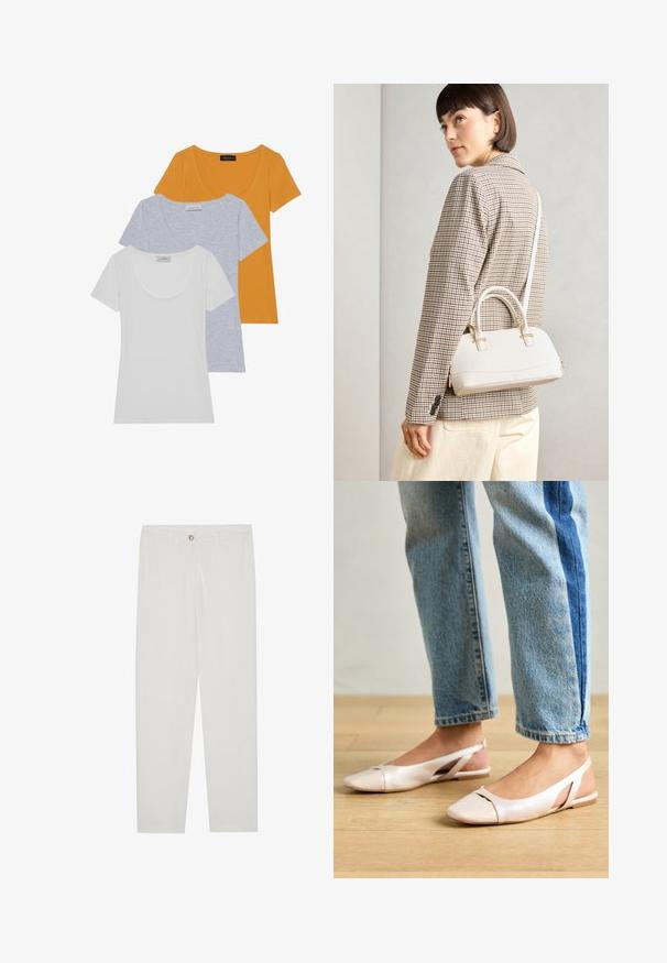Tri kratke majice z rokavi v oranžni, svetlo sivi in beli barvi, narejene iz mehkega bombaža z izrezom v obliki globokega kroga in prilegajočim se krojem.; Bela, krojena hlače z ravnimi nogami, ki vključujejo gumbasto zapiranje, zanke za pas in stranske žepe; gladka tekstura tkanine.; Svijetloružičaste slingback balerinke s šiljastim nožnim prstima, napravljene od glatkog materijala nalik koži. Imaju izrezane detalje sa strane i ravne pete.; Bela strukturirana torba z kratkimi ročaji in naramnim trakom, z zlatimi okrasnimi elementi in teksturiranim materialom, prikazana na sivi podlagi.