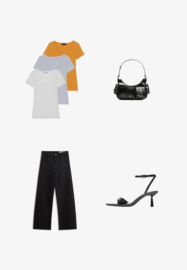 Tři trička s krátkým rukávem v oranžové, světle šedé a bílé barvě, vyrobená z měkké bavlny s kulatým výstřihem a přiléhavým střihem.; Černé denimové kalhoty s volným střihem a vysokým pasem, vybavené předními a zadními kapsami, prošívanými švy a knoflíkovým zapínáním. Hladká textura.; Bershka Sandály na vysokém podpatku - black; Černá lakovaná kožená kabelka s křivkovým tvarem, jedním ramenním popruhem, předními kapsami a stříbrnými kovovými detaily.