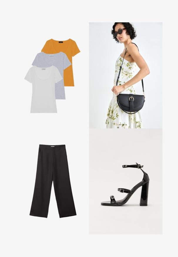 Tričko s krátkym rukávom v oranžovej, svetlosivej a bielej farbe, vyrobené z jemnej bavlny, s okrúhlym výstrihom a priliehavým strihom.; Čierne široké nohavice vyrobené z hladkej tkaniny, so zipsom vpredu a dvoma bočnými vreckami, s prispôsobeným strihom a minimalistickým dizajnom.; Čierne lakované sandále na podpätku so štvorcovou špičkou, navlečenými remienkami okolo členku a striebornými prackami. Disponujú masívnym blokovým podpätkom pre stabilitu.; Čierna kožená kabelka s zaobleným tvarom, odnímateľným popruhom a zlatými doplnkami. Kabelka má klopu s detailom s prackou.