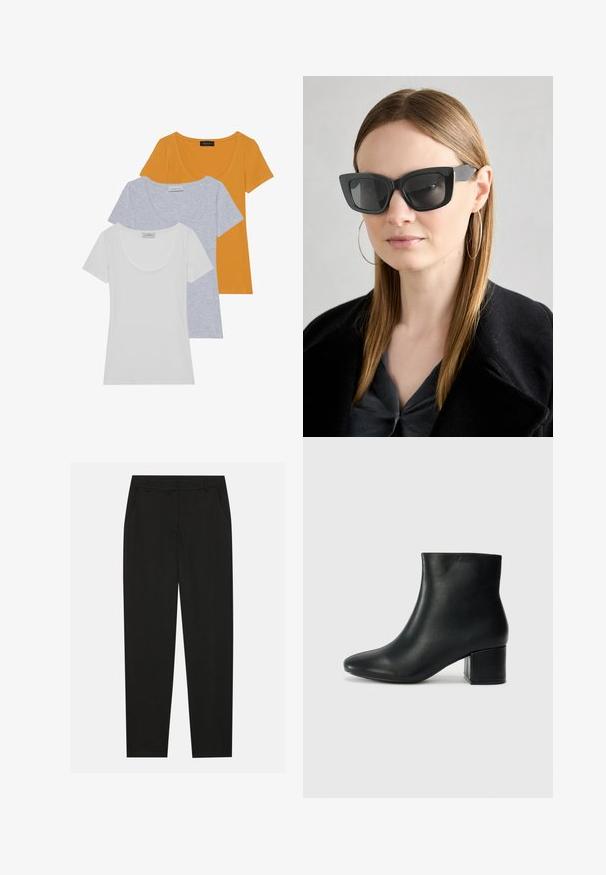 Tre kortermede t-skjorter i oransje, lys grå og hvit, laget av myk bomull med scoop-hals og en figurnær design.; Sorte bukser med skreddersydd design, med sidelommer og rett ben. Laget av glatt, lett stoff med en elegant finish.; Sorte skinn ankelsko med spiss tå og chunky hæl. Glatt tekstur med minimale detaljer og et elegant, tettsittende design.; Sorte katteøyne solbriller med mørke linser, tykke rammer og subtile detaljer. Båret med en svart frakk og grå topp, med langt, rett hår.