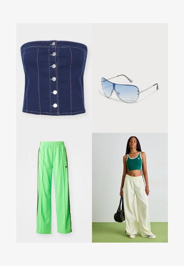 Tengerész kék farmer anyagú, pánt nélküli felső, függőleges varrással és hat ezüst színű patenttal az elején. Simaság és testre simuló fazon jellemzi.; Zöld sportnadrág sima, könnyű anyagból, fekete oldalsávokkal és hímzett logóval az elején.; Zöld, rövidített pántos felső fehér díszítéssel, széles lábú krém színű nadrággal párosítva. A modellen egy kis fekete táska van. Egyszerű sportcipő.; Pilóta napszemüveg, melynek áttetsző kék lencséje, ezüst fém kerete és díszes csillag díszítések találhatók a lencsén. Simogató és elegáns dizájn.