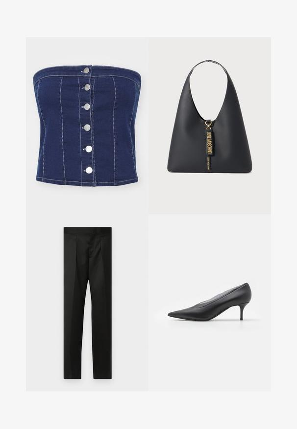 Navy denim strapless top with vertical stitching and six silver snap buttons down the front. Smooth texture and fitted design.; Black trousers featuring a smooth fabric, tailored design, straight legs, and a flat waistband with no visible closures or pockets.; Black pointed-toe high heel shoe made of smooth leather. Features a slender heel and minimalistic design with no visible embellishments.; Black leather shoulder bag with a wide strap, gold hardware, and two hanging tags embossed with "LOVE MOSCHINO" in gold letters.