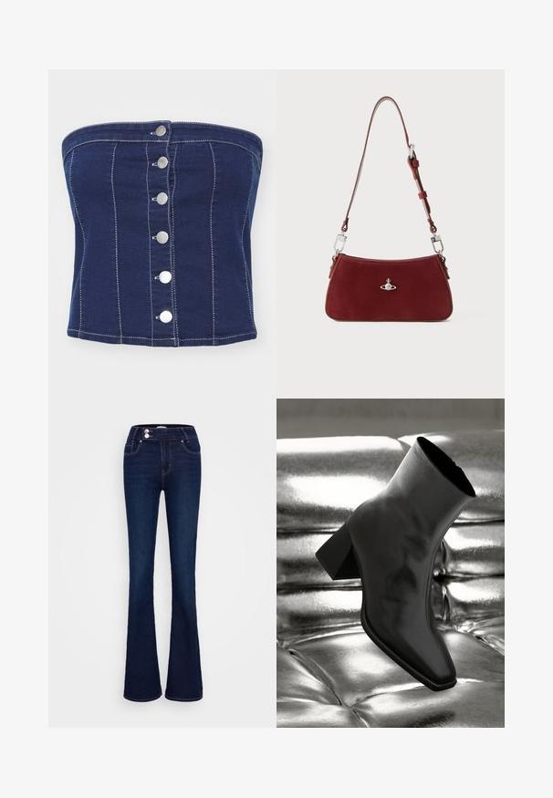 Námořnický denimový top bez ramínek s vertikálním prošíváním a šesti stříbrnými patentkami vpředu. Hladká textura a přiléhavý střih.; Tmavě modré rozšířené džíny s vysokým pasem, dvěma předními kapsami a dvěma knoflíkovými zapínáními. Vyrobené z denimu s hladkou texturou.; Černá kotníková bota vyrobená z lesklého materiálu se čtveratou špičkou a zúženým podpatkem, umístěná na lesklém stříbrném prošívaném pozadí.; Červená semišová kabelka na rameno s křivkovým tvarem. Obsahuje stříbrný akcent a nastavitelné ucho se kovovými detaily. Hladký povrch.