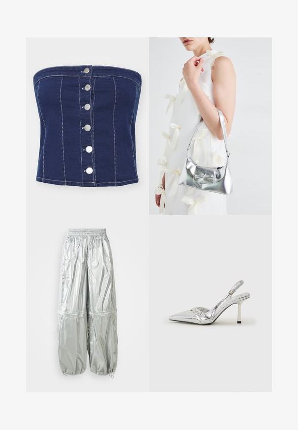 Temno modra denim brezramna majica z navpičnim šivom in šestimi srebrnimi pritiskači spredaj. Gladka tekstura in prilegajoč dizajn.; Svetlo sive lahke cargo hlače z sijočo teksturo, elastičnim pasom, nabranimi manšetami in dvema velikima sprednjima žepoma.; Srebrna slingback visoka peta čevlja s špičastim nosom, metalnim finišem, dvema dekorativnima trakama in tanko peto z črnim vrhom.; Srebrna metalna torbica z oblikovano strukturo, ki ima zgornji ročaj in detajl v obliki mašne spredaj. Gladka tekstura, z odsevnimi površinami.