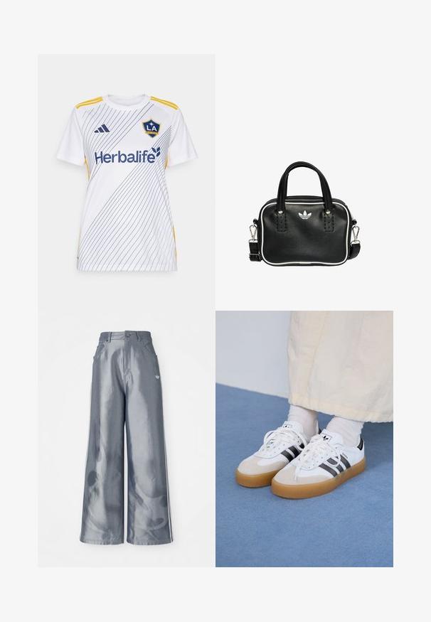 Valkoinen urheilupaita, jossa on vinottain kulkevat siniset raidat ja keltaisia yksityiskohtia sekä "Herbalife"-logo. Suunniteltu mukavuutta ajatellen, lyhyillä hihoilla.; Housut leveillä lahkeilla kiiltävässä harmaassa materiaalissa, valkoisilla sivuviivoilla ja liekkikuvioilla alaosassa. Napin ja vetskarin suljenta vyötäröllä.; Valkoiset tennis kengät, joissa on mustia raitoja ja vaaleanruskeita mokka-yksityiskohtia. Varustettuna textuurilla varustetulla kumipohjalla ja tasaisilla valkoisilla kengännauhoilla, käytetään vaaleiden sukkien kanssa.; Musta nahkainen käsilaukku, jossa on kaksi lyhyttä kahvaa, hopeiset yksityiskohdat, valkoiset tehosteet ja valkoinen logo. Sisältää teksturoidun pinnan ja kompaktin muotoilun.