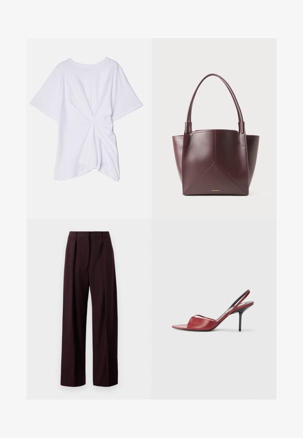 Victoria Beckham BODY TWIST TEE - Apdrukāts T-krekls - white; Burgundijas platas bikses ar ielocēm, izgatavotas no gludas auduma. Iekļauj jostu ar jostu cilpām un tīru griezumu pie apakšmalas.; Sarkans ādas slingback augstpapēžu sandaļu modelis ar izgrieztu purngalu, plānu siksniņu pāri kājai un šauru stiletto papēdi.; Tumši brūns ādas somiņš ar divām rokturiem un ģeometriskajiem paneļu šuvēm, ar mazu zelta zīmola tekstu tuvu apakšējai centram.