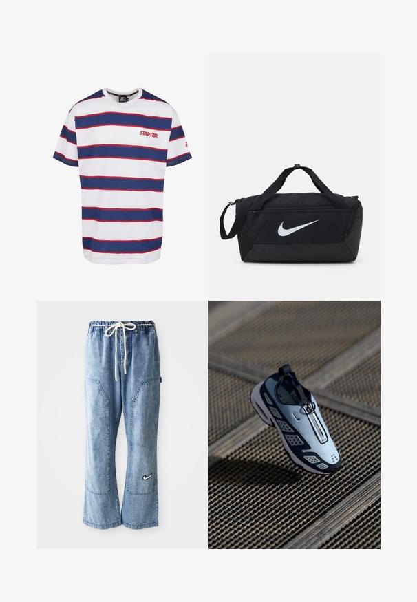 Prugasta majica s horizontalnim plavim, crvenim i bijelim prugama, okruglim izrezom, kratkim rukavima i malim "STARTER" logotipom u crvenoj boji na prsima.; Svijetloplave traper jogger hlače s elastičnim pojasom, bijelim vezicama i dva prednja džepa. Sadrži crno-bijeli Nike logotip.; Nike tenisice imaju dizajn za lako obuvanje s svijetloplavom gornjom strukturom, crnim akcentima i perforiranim bočnim panelima. Imaju zaobljeni vrh i teksturirani potplat.; Crna torba s duffel dizajnom s velikim bijelim Nike logom, napravljena od izdržljive tkanine, s dvostrukim ručkama i podesivim remenom za rame.