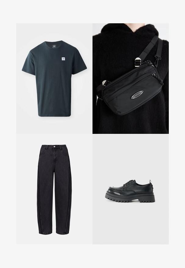 Czarnoszary bawełniany t-shirt z okrągłym dekoltem. Posiada małą niebiesko-białą prostokątną metkę logo po lewej stronie klatki piersiowej.; Czarne dżinsy z szerokimi nogawkami wykonane z gładkiego denimu. Posiadają wysoki stan, przednie kieszenie oraz zapięcie na guzik w pasie.; Czarne, masywne skórzane buty sznurowane z grubą, wytrzymałą podeszwą i metalowymi oczkami w okolicach palców, sfotografowane na jednolitym jasnym tle.; Czarna nylonowa torba na ramię z regulowanym paskiem, o gładkiej fakturze, z przednią kieszenią na zamek błyskawiczny i akcentem w postaci logo.