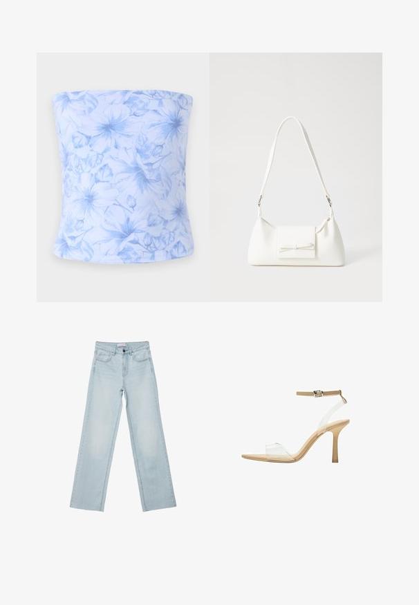 Modra cvetna tuba šal iz mehkega blaga, ki ima svetlo modre rože in liste na svetlo modri podlagi, brezšiven dizajn in raztegljiv kroj.; Svetlo modri široki kavbojke izdenima. Imajo pet žepov, gumbasto zaponko in zbledela podrobnost. Klasičen naravnost kroj s prostornim prileganjem.; Sandal z jasnim petnikom s prozornim zgornjim delom, bež podplatom in sivim trakcem okoli gležnja. Ima koničast nos in tanek visoki petek.; Bela sintetična torbica v obliki trikotnika, z ravnim sprednjim poklopcem in detajlom mašne, nastavljivim trakom, gladko teksturo in minimalističnim dizajnom.