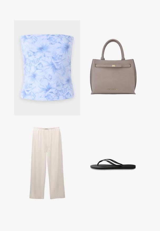 Sinine lilleline torusall, valgest pehmest kangast, millel on helesinised lilled ja lehed helesinise tausta peal, õmblusteta disain ja veniv sobivus.; Vaaleanväriset, leveälahkeiset housut, jotka on valmistettu pehmeästä kankaasta. Housuissa on joustava vyötärö ja säädettävä nyöri mukavuutta varten.; Mustat flip-flopit, joissa on röpelöinen kumipohja, kaksi hoikkaa remmiä ja hillitty, kohokuvioitu logotyyli remmissä.; Harmaa nahkainen olkalaukku, jossa on jämäkkä muoto, kaksinkertaiset kahvat, etuklappi kultaisella lukolla ja pohjassa kohokuvioitu logo.