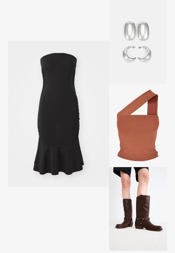 Asymmetrisk en-skulder topp i rustfarget elastisk stoff. Tett design med bred stropp og jevn tekstur. Ingen mønster eller aksenter.; Svart stramkjole uten stropper laget av elastisk stoff, med rynker langs sidene og en utflared kant. Jevn tekstur med en tettsittende silhuett.; Brune lærknesko med rund tå, teksturert overflate, ankelrem og detaljer i sølv; stablet hæl.; Sølvfargede øredobber sett: to ovale stifter og to halvmåneformede hoops, med en glansfull, glatt overflate og en rund design.