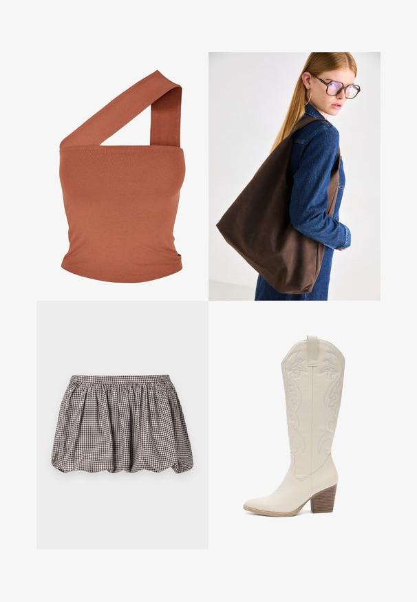 Asymmetrisk top med én skulder i rustfarvet strækstof. Fittet design med bred strop og glat tekstur. Ingen mønstre eller detaljer.; Brun og hvid ternet A-linje nederdel med samlet talje, lavet af letvægtsstof, med et subtile tekstureret mønster.; Knee-høj hvid læder cowboystøvle med broderede blomster mønstre, spids tå og en stablet træhæl. Glat tekstur og strømlinet design.; Brun læder tote taske med en blød tekstur, der har en rummelig design og en enkel skulderrem. Bruges med en blå denimjakke.