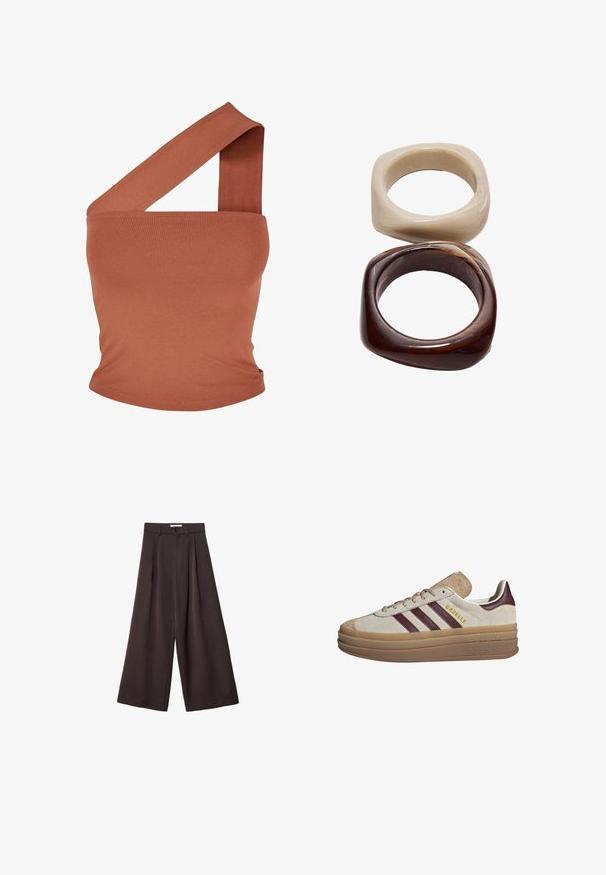 Asimetrična enostranska bluzica v rjavi raztegljivi tkanini. Prilegajoča zasnova z širokim trakom in gladko teksturo. Brez vzorcev ali dodatkov.; Črne široke hlače z visokim pasom, ki vsebujejo sprednje nabore in z gumbom za zapiranje na pasu, izdelane iz gladkega materiala.; Beige ante čevlji s temno rdečimi črtami, belimi detajli, masivnim prozornim podplatom in povišano blagovno znamko na strani. Sponke za vezanje.; Stradivarius SET - Zapestnica - dark brown