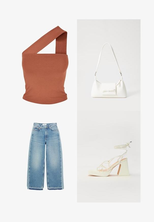 Aszimmetrikus, egy vállas top rozsda színű, rugalmas anyagból. Feszes kialakítás, széles pánttal és sima textúrával. Nincsenek minták vagy díszítések.; Világoskék, bőszárú farmernadrág, magas derekú, gombos záródással, elülső zsebekkel és nyers szegéllyel.; Fehér, magassarkú szandál vastag sarokkal, pántos dizájnnal és bokapánttal. Sima textúra, elülső platformmal a megnövelt magasság érdekében.; Fehér szintetikus kézitáska, háromszög alakú, lapos előlap, masni részlettel, állítható pánttal, sima textúrával és minimalista dizájnnal.