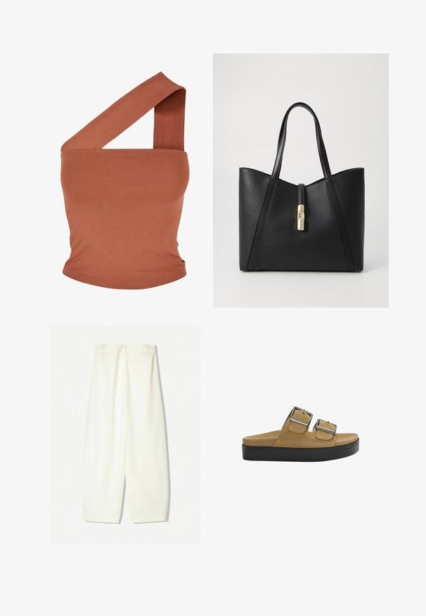 Asymmetrische top met één schouder in een roestkleurige rekbare stof. Strak ontwerp met brede band en een gladde textuur. Geen patronen of accenten.; Brede broekspijpen in een zachte crèmekleurige stof, met een gladde textuur, zijzakken en een relaxte pasvorm met een middenhoog tailleband.; Bruine suède plateau sandalen met twee verstelbare zilveren gespsluitingen, platte zwarte zool en een minimalistisch ontwerp.; Zwarte leren schoudertas met een gestructureerd ontwerp en een gouden slotdetail. Beschikt over twee handvaten en hoekige zijkanten, wat een slanke silhouet biedt.