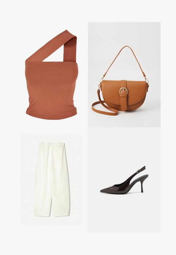 Asymmetrische top met één schouder in een roestkleurige rekbare stof. Strak ontwerp met brede band en een gladde textuur. Geen patronen of accenten.; Brede broekspijpen in een zachte crèmekleurige stof, met een gladde textuur, zijzakken en een relaxte pasvorm met een middenhoog tailleband.; Slingback hoge hak schoen in glanzend donkerbruin patentleer, puntige neus, open zijkanten en verstelbare enkelband.; Bruine leren schoudertas met een gebogen vorm, gouden hardware en een gespaccent. Bevat een afneembare schouderriem.