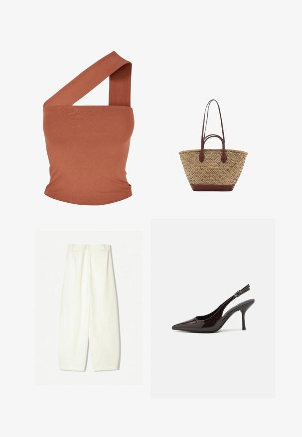 Asymmetrisk top med én skulder i rustfarvet strækstof. Fittet design med bred strop og glat tekstur. Ingen mønstre eller detaljer.; Bredde bukser i et blødt cremfabric, med en glat tekstur, forreste lommer og en afslappet pasform med en mid-rise talje.; Slingback højhælet sko i glat mørkebrun patenteret læder, spids tå, åbne sider og justerbar ankelrem.; Vævet strå tote taske med flettet tekstur, mørkebrune læderhåndtag og bund, bred cirkulær form og åben topdesign.