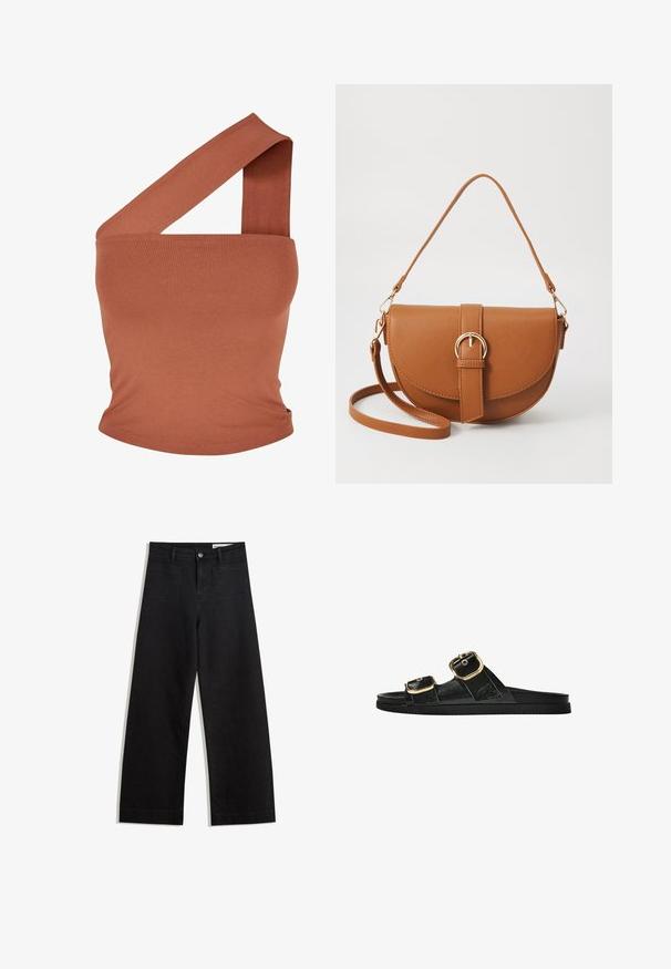 Epäsymmetrinen yhden olkapään yläpaita ruosteenvärisestä joustavasta kankaasta. Tiukka muotoilu, jossa on leveä hihna ja sileä rakenne. Ei kuvioita tai koristeita.; Mustat leveät farkut korkealla vyötäröllä, joissa on etu- ja takataskut, ommellut saumat ja nappisuljenta. Silkinoinen rakenne.; Musta liukusandaali, jossa on kaksi kultaisesta solkesta tehtyä korostusta, sileäpintainen materiaali, litteä pohja ja minimalistinen muotoilu.; Ruskean nahkainen olkalaukku, jossa on kaareva muoto, kultaiset yksityiskohdat ja solkiyksityiskohta. Varustettu irrotettavalla olkahihnalla.
