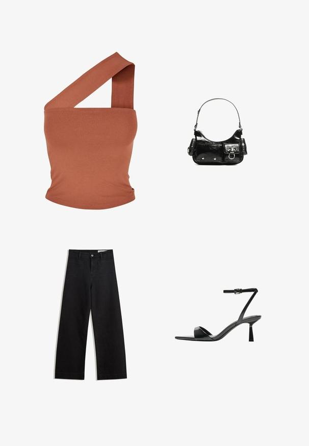 Asymetrický top na jedno plece v hrdzavohnedej elastickej tkanine. Úzky strih so širokým ramienkom a hladkou textúrou. Bez vzorov alebo akcentov.; Čierne denimové nohavice s širokými nohavicami a vysokým pásom, so prednými a zadnými vreckami, šitými švami a zapínaním na gombík. Hladká textúra.; Bershka Sandále na vysokom opätku - black; Čierna laková kožená kabelka s ohnutým tvarom, jedným ramenným popruhom, prednými vreckami a striebornými kovovými doplnkami.