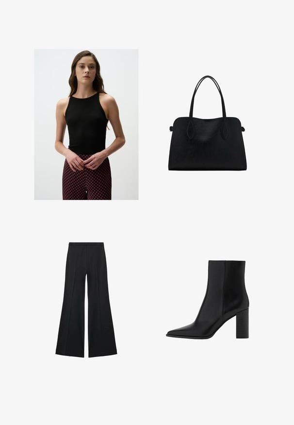 Zwarte geribbelde tanktop met een hoge hals, gecombineerd met gestreepte rode en zwarte legging met een diamantdesign. Soepele textuur, aansluitende stijl.; Zwarte wijde-pijpen broek met een gladde textuur, gekenmerkt door voorplooien en een op maat gemaakte uitstraling. De stof is lichtgewicht en vloeiend.; Zwarte leren enkellaars met een spitse neus, vierkante hak, een gladde textuur en stikdetails langs de naden. De hakken zijn ongeveer 8,9 cm hoog.; Zwarte leren handtas met dubbele schouderriemen, rechthoekige vorm en minimalistisch ontwerp op een witte achtergrond.