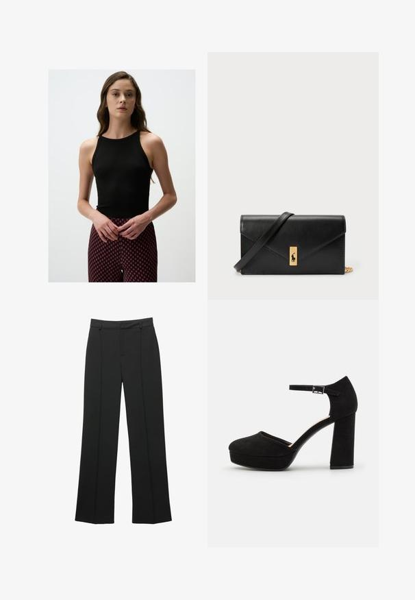 Top in cotone nero a coste con collo alto, abbinato a leggins rossi e neri con un motivo a diamante. Tessuto morbido, taglio aderente.; Pantaloni neri a vita alta, di taglio ampio, con passanti per cintura e dettaglio della cucitura frontale, presentati su uno sfondo bianco.; Scarpe con tacco a piattaforma nere in suede, dotate di un spesso tacco a blocco, punta arrotondata e cinturino alla caviglia fissato da una fibbia in metallo. Texture liscia su tutta la superficie.; Portafoglio in pelle nera con pattina a pieghe, accessori dorati, con un logo decorativo. Include una tracolla staccabile per il trasporto.