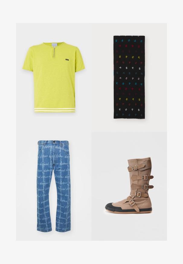 Apsvaiginanti žalia marškinėliai, pagaminti iš minkštos medžiagos, su zip užsegimu, trumpomis rankovėmis ir baltais dryželiais apačioje.; Mėlyni džinsai su tiesia koja, puikuojantys pakartotu balto teksto raštu "Vivienne Westwood". Klasikinis penkių kišenių dizainas.; Rudos odos batai su keturiais reguliuojamais dirželiais, guminėmis pirštų galiukų dangteliais ir tekstūruotu padu. Ypatybė - aukšta cilindrinė forma su lygiu paviršiumi.; Juodas šalikas su pakartotiniais daugiaspalviais „P“ raštais raudona, geltona, mėlyna, rožine ir balta spalvomis. Minkšta medžiaga su nusklembtais kraštais.