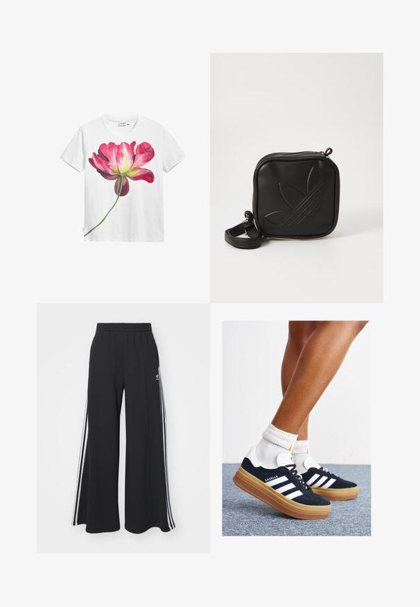 Biela bavlnená tričko s veľkým, farebným ružovým kvetinovým grafikou a zeleným detailom stonky na prednej strane. Krátke rukávy, dizajn s okrúhlym výstrihom.; Čierne široké teplákové nohavice s elastickým pásom, so bielymi bočnými prúžkami a výšivkou loga na ľavom stehne.; Čierne semišové tenisky s bielymi pruhmi a detailmi, so zaoblenou špičkou, podrážkou z gumovej gumy, doplnené bielymi rebrovanými ponožkami.; Čierna štvorec krossbody taška vyrobená z textúrovaného syntetického materiálu. Obsahuje embosovanú logo úpravu a nastaviteľný popruh. Zapínanie na zips.