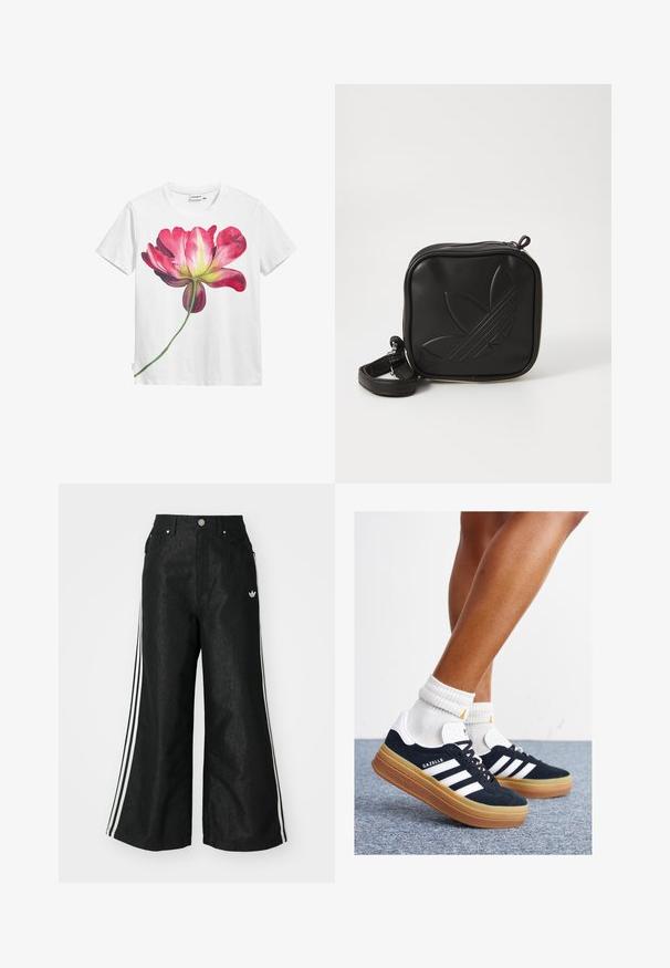 White cotton t-shirt featuring a large, colorful pink flower graphic with green stem detail on the front. Short sleeves, crew neck design.; Black wide-leg denim pants with three white stripe accents on each side and a small white logo. Features front pockets and a button closure.; Black suede sneakers with white stripes and accents, rounded toe, gum rubber outsole, paired with white ribbed crew socks.; Black square crossbody bag made of textured synthetic material. Features an embossed logo design and adjustable strap. Zipper closure.