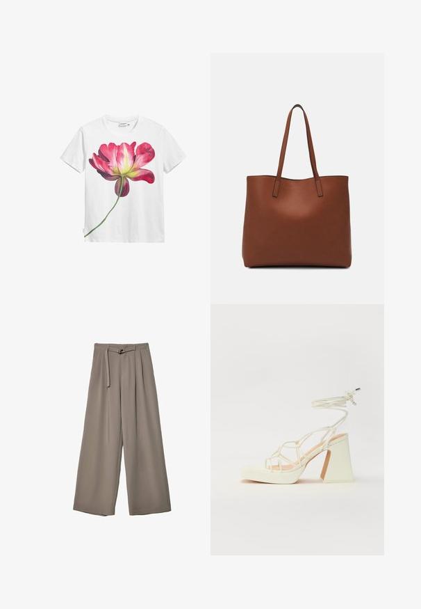 Hvid bomulds t-shirt med et stort, farverigt pink blomstergrafik med grøn stamdetalje foran. Korte ærmer, rund halsudskæring.; Vide ben bukser i et blødt, afdæmpet grå stof, med en bælte i taljen og plisseringer for ekstra designdetalje. Glat tekstur, ingen mønstre.; Hvide højhælede sandaler med en kraftig hæl, der har et stropdesign og ankelbinding. Glat tekstur med en platform foran for ekstra højde.; Brun læder tote taske med en glat overflade, åben topdesign og to skulderremme. Har minimal syning og ingen synlig hardware.