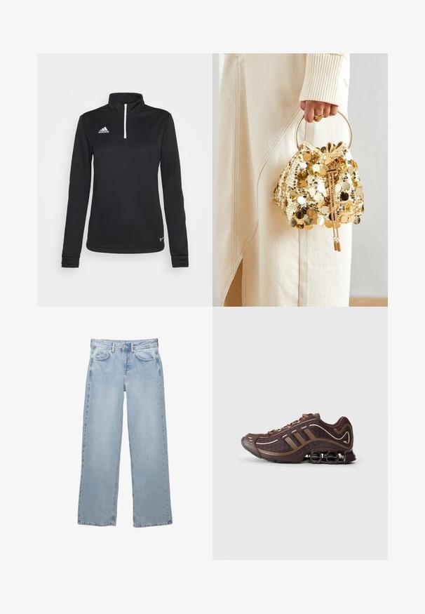 Felpa nera a maniche lunghe con zip al quarto, realizzata in tessuto sintetico morbido. Caratterizzata da una zip bianca e un logo ricamato sul lato sinistro del petto.; Jeans in denim blu chiaro con design a gamba larga, dotati di chiusura a bottoni e zip, cinque tasche e dettagli di cucitura minimi.; Scarpa sportiva marrone con parte superiore in mesh e materiale sintetico, caratterizzata da tre strisce, cuciture dettagliate, suola imbottita e tipico tallone elastico.; Borsa a tracolla con coulisse in paillettes dorate e manico circolare, caratterizzata da paillettes rotonde lucide e un tessuto testurizzato. Le dimensioni non sono fornite.