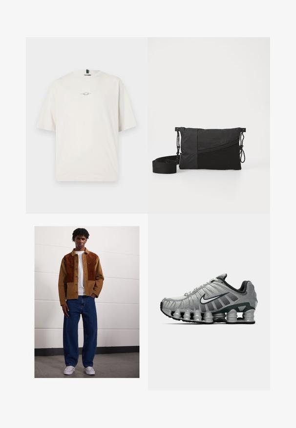 Oakley STACKED TEE - T-shirts med print - mist; Mann som står innendørs iført en brun kordfløyelsjakke med rustfargede flekker, hvit t-skjorte, løse blå jeans og hvite sneakers.; Grå og svart Nike løpesko med synlig fjærlignende demping under sålen og en hvit swoosh-logo på siden.; Svart skulderveske laget av teksturert stoff, med skrådesign, justerbar stropp og snøring på sidene.