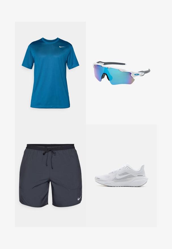 Short-sleeve athletic t-shirt in blue, made of smooth, moisture-wicking fabric. Features a round neckline and a small logo on the chest.; Nike running shorts in dark gray, featuring an elastic waistband with a drawstring and a silver logo accent on the lower right leg.; White athletic shoe with a mesh upper, smooth textured overlays, grey accents, laces, and a cushioned sole designed for performance.; Sunglasses with a white frame, gray accents, and blue mirrored lenses. Sporty design, wraparound shape, and adjustable nose pads.