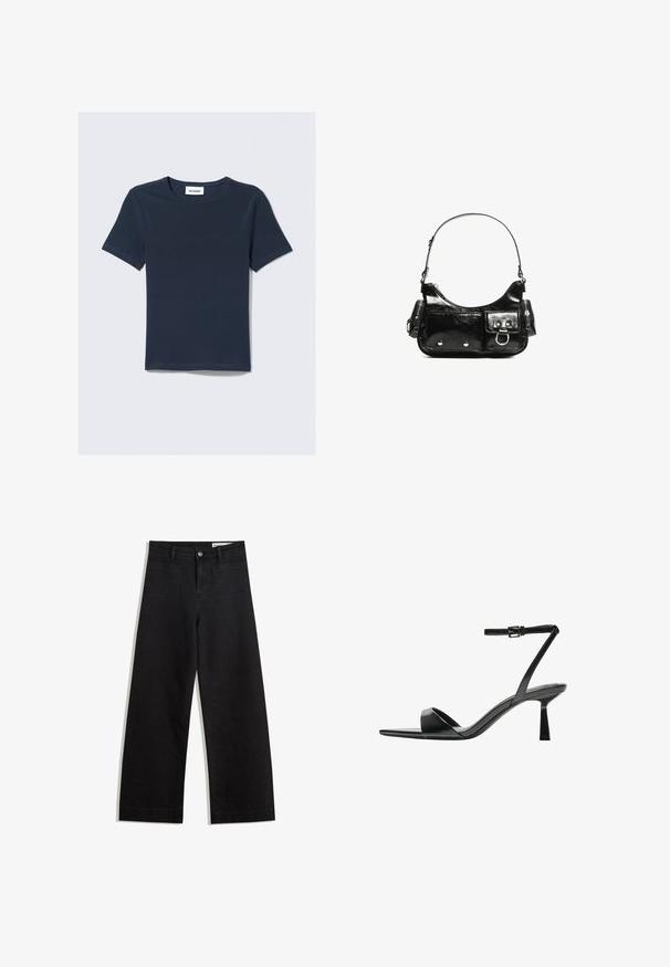 Navy blue short-sleeve t-shirt with a crew neckline. Made of soft fabric, featuring a tag labeled "WEEKDAY" on the neck.; Black wide-leg denim pants with a high waist, featuring front and back pockets, stitched seams, and a button closure. Smooth texture.; Bershka High heeled sandals - black; Black patent leather handbag with a curved shape, one shoulder strap, front pockets, and silver-tone hardware accents.