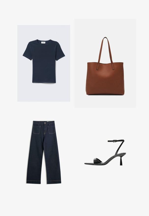 Navy blue short-sleeve t-shirt with a crew neckline. Made of soft fabric, featuring a tag labeled "WEEKDAY" on the neck.; Dark blue wide-leg jeans made of denim with contrasting tan stitching, two back pockets, and a button closure at the waist.; Bershka High heeled sandals - black; Brown leather tote bag with a smooth texture, open top design, and two shoulder straps. Features minimal stitching and no visible hardware.