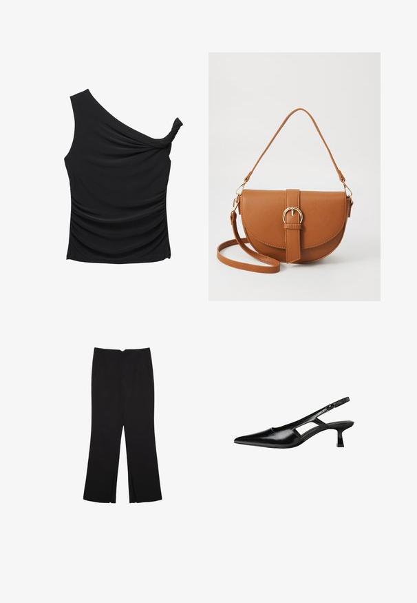 Czarny, top na jedno ramię wykonany z miękkiej, elastycznej tkaniny z marszczeniem po boku i skręconym detalem przy dekolcie. Gładka tekstura i dopasowany krój.; Czarne spodnie o prostym kroju, z przednimi kieszeniami i bocznymi rozcięciami na dole. Wykonane z miękkiego, gładkiego materiału. Odpowiednie na różne okazje.; Czarne lakierowane czółenka na odkrytej pięcie z wąskim noskiem, z wykrojem po bokach i małym kwadratowym obcasem. Gładka faktura z minimalnymi akcentami.; Brązowa skórzana torba na ramię o zaokrąglonym kształcie, ze złotymi akcentami i zapięciem w formie klamry. Posiada odpinany pasek na ramię.