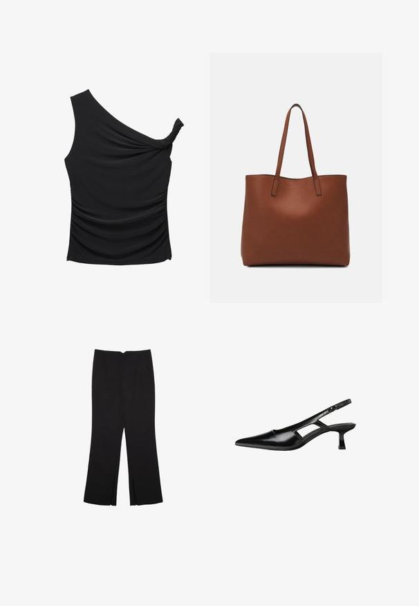 Czarny, top na jedno ramię wykonany z miękkiej, elastycznej tkaniny z marszczeniem po boku i skręconym detalem przy dekolcie. Gładka tekstura i dopasowany krój.; Czarne spodnie o prostym kroju, z przednimi kieszeniami i bocznymi rozcięciami na dole. Wykonane z miękkiego, gładkiego materiału. Odpowiednie na różne okazje.; Czarne lakierowane czółenka na odkrytej pięcie z wąskim noskiem, z wykrojem po bokach i małym kwadratowym obcasem. Gładka faktura z minimalnymi akcentami.; Brązowa skórzana torba tote o gładkiej fakturze, z otwartym wierzchem i dwoma ramiączkami. Charakteryzuje się minimalnym przeszyciem i brakiem widocznych elementów metalowych.