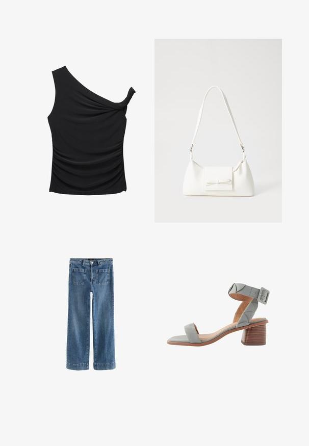 Top nero a spalla unica realizzato in tessuto morbido e elasticizzato, con arricciature laterali e dettaglio attorcigliato sul collo. Texture liscia e design slim fit.; Jeans in denim blu chiaro con design a gamba larga, chiusura frontale con bottone e zip, due tasche anteriori e due posteriori, con orli con risvolto.; Next FOREVER COMFORTREGULAR FIT - Sandali - blue; Borsa sintetica bianca a forma triangolare, con patta anteriore piatta e dettaglio a fiocco, tracolla regolabile, texture liscia e design minimalista.