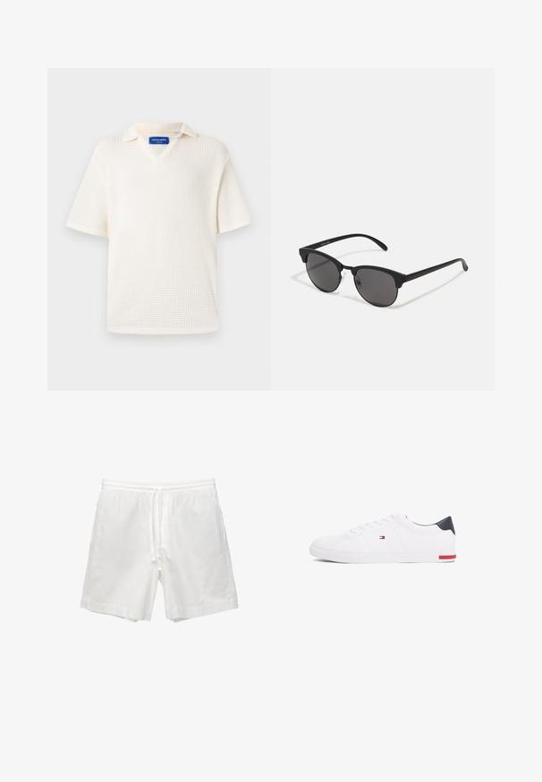 V-nyakú, rövid ujjú polo ing, amely texturált, szövet anyagból készült, törtfehér színben. Kialakítása galléros, belül pedig egy kis márkajelzés található.; Fehér pamut rövidnadrág, rugalmas derékkal és zsinórral, oldalsó zsebekkel és egyenes szabással, befejezett szegéllyel.; Fehér alacsony szárú sneaker sima bőrből. Tengerészkék sarokvédővel és piros díszítéssel a talpon. Hat fűzőlyuk a fűzők számára.; Fekete napszemüveg kerek lencsékkel, matt felülettel és jellegzetes macska szem formával. Vékony szárak, a bal oldali templomon diszkrét márkajelzéssel.