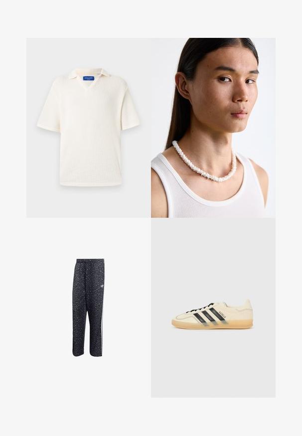 Polo majica s kratkimi rokavi v obliki V-izreza, izdelana iz teksturirane, tkane tkanine v off-white barvi. Ima ovratnik in majhno oznako blagovne znamke znotraj.; Črne športne hlače z vzorcem leoparda, ki imajo bele tri črte in logo športne blagovne znamke na strani.; Svetlo kremne teniske z vzorcem črnih treh črt, teksturirano zgornji del, okroglo konico in gumijast podplat. Imajo vezalke in blagovno znamko na strani.; Bela ogrlica iz školjki, sastavljena od nepravilnih oblika, nošena preko pripijenog bijelog topa. S smooth teksturom i suptilnim sjajem, blisko prilagođenog dizajna.