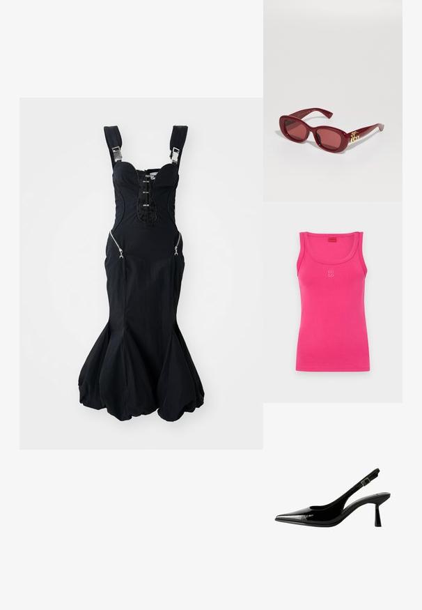 Simított rózsaszín top, sima pamut szövetből, ívelt dekoltázzsal és egy kis fehér "HUGO" logóval az elülső középső részen.; Fekete ruházat, strukturált melltartó résszel, állítható pántokkal, cipzáras oldalzsebekkel és bővülő alsó szegéllyel. Simító anyag, enyhe fénylő felülettel.; Fekete lakk bőr slingback pumpa hegyes orral, kivágott oldalakkal, állítható boka pánttal és vékony, elegáns sarkával.; Piros műanyag napszemüveg téglalap alakú kerettel, árnyékolt lencsékkel és arany logóval a szárakon. Simább, fényes felület.; Fekete virág choker nyakörv, rétegelt szirmokból készült, fekete bordázott ujjatlan top mellett viselve, ezüst díszítéssel a nyakvonal mentén és a vállakon.