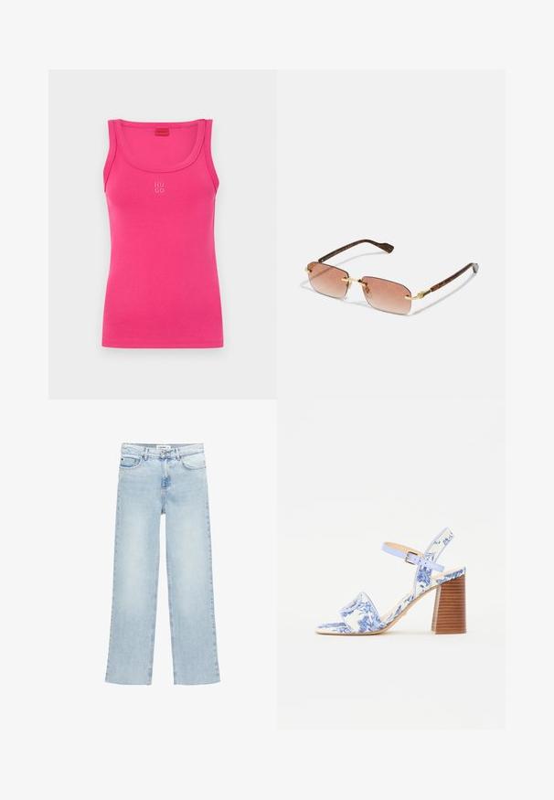 Tight rosa linne i mjukt bomullstyg med en rundad halsringning och en liten "HUGO"-logotyp i vitt i mitten fram.; Ljusblå vida jeans i denim med hög midja, fem fickor och knäppning med knapp. Har minimala sömmar.; Blå blommönstrad sandalett med fyrkantig tå, bred rem och justerbar vristrem, med en texturerad träklack.; Rektangulära solglasögon med rosa gradientlinser som har ett diskret logomönster. Guldmetallaccent och sköldpaddsartade bågar förhöjer designen.; Tommy Hilfiger CASUAL SHOULDER BAG - Handväska - coastal taupe