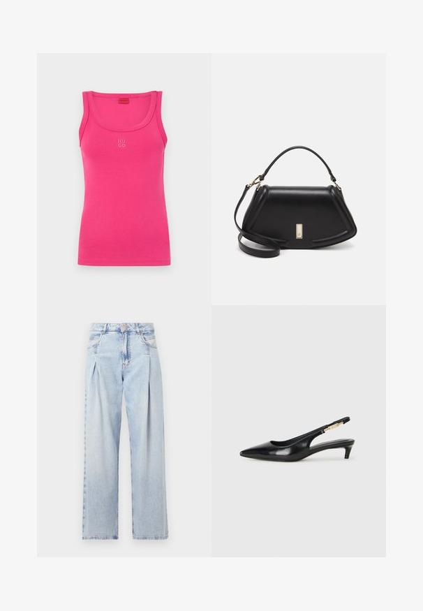 Dopasowany różowy top na ramiączkach wykonany z gładkiej bawełny, z zaokrąglonym dekoltem i małym białym logo "HUGO" na środku przodu.; Jasnoniebieskie dżinsy z wysokim stanem, szerokimi nogawkami, dwoma bocznymi kieszeniami oraz plisowanym wzorem. Miękka tekstura z wyblakłym wykończeniem.; Czarne skórzane szpilki typu slingback z ostrym noskiem, posiadające smukły obcas i złoty akcent na regulowanym pasku. Gładka tekstura.; Czarna skórzana torebka o strukturalnym designie, z przyciętą formą, górnym uchwytem i złotymi akcentami. W zestawie regulowany pasek na ramię.