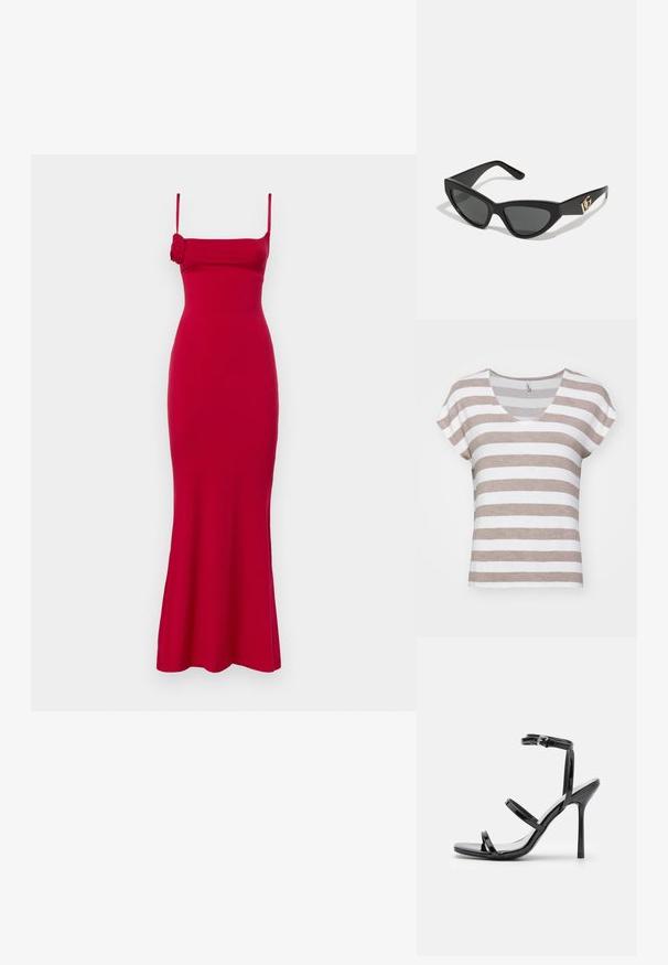 Prugasta majica s kratkimi rokavi in V-izrezom, ki prikazuje izmenične svetlo rjave in bele črte. Narejena iz mehkega, teksturiranega blaga.; Rdeča, oprijeta brezrokavnik obleka s kvadratnim izrezom, razširjenim robom in stranskim detajlom vrtnice. Narejena iz gladkega materiala s subtilnim leskom.; Črne lakirane sandale s visokim petami, ki imajo tri vodoravne trakove in nastavljiv gleženjski trak. Eleganten dizajn in sijoča površina.; Sončne naočale v mačjem stilu z mat črnim plastičnim okvirjem, temnimi lečami in zlatim logotipom na tempeljih. Kotačast dizajn in gladka tekstura.