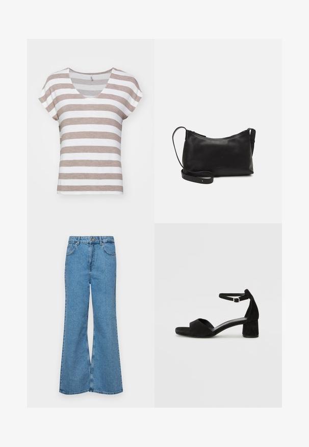 Riba varrukatega lühike t-särk, millel on V-kaelus ja vahelduvad helepruunid ja valged triibud. Valmistatud pehmest, tekstuurilisest kangast.; Heledad sinine flared teksade rõivad, millel on kõrge talje, viis taskut ja üks nupulukk. Pehme tekstuur ja pleekinud viimistlus.; Mustad nahast kontsad avatud varvastega, millel on õhuke pahkluu rihm ja tagasihoidlik plokkkonts. Sile tekstuur ja minimaalsed aksessuaarid.; Mustmust nahk õlakotil on sile tekstuur, kumer kuju, reguleeritav rihm ja lukuga sulgemine. Minimalistlik disain ilma kaunistusteta.