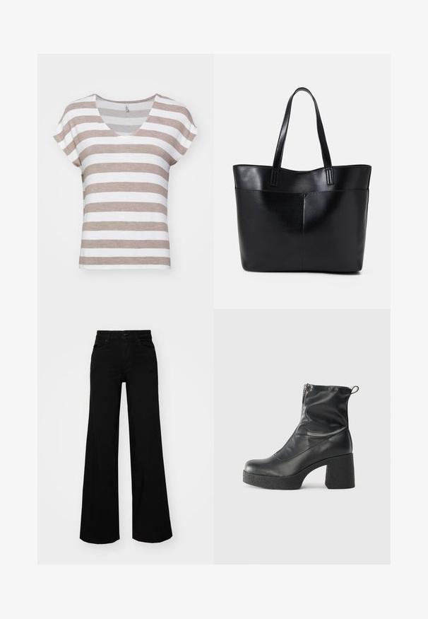 Striped short-sleeve t-shirt with a v-neck, featuring alternating light brown and white stripes. Made of soft, textured fabric.; Black wide-leg pants made of denim, featuring a structured waistband, belt loops, and front pockets. Smooth texture with a classic design.; Black ankle boots made of smooth leather, featuring a side zipper, chunky textured heel, and rounded toe design.; Black leather tote bag with two long handles, a smooth texture, and a structured shape. Features a front pocket for additional storage.