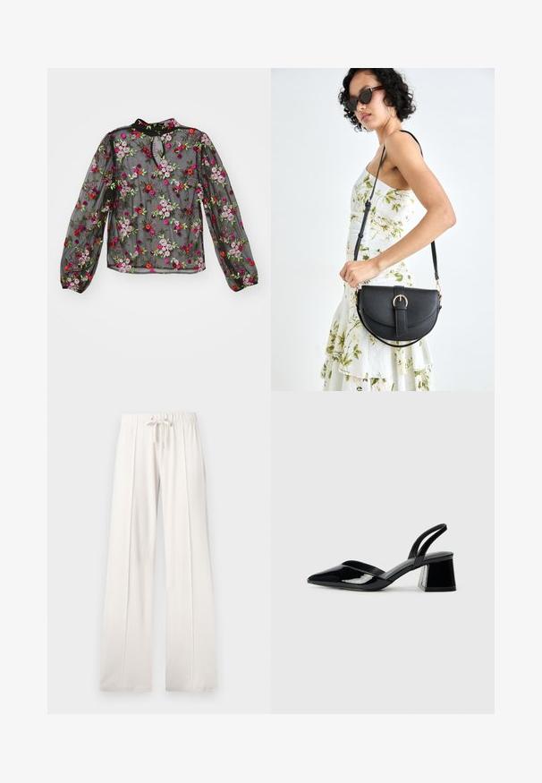 Musthave musta õhuke pluus lillekudumisega roosa, punase ja rohelisega. Lukuaugunäpp, pikad varrukad elastsete mansettidega. Elegantne disain.; Heledad beežid püksid, mis on valmistatud pehmest kangast, millel on paelaga vöökoht, laiad sääred ja vertikaalsed õmblused, lisaks sujuv tekstuur.; Mustad musta lakknahk kingad, millel on terav varvas ja geomeetriline plokkkonts. Omab elegantselt minimalistlikku disaini ja sujuvat tekstuuri.; Mustmust mustraha kõverate joontega, eemaldatava rihmaga ja kuldsete detailidega. Kotil on klapp, millel on pandladetail.